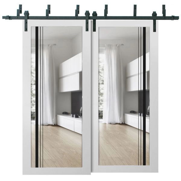 Sliding Closet Barn Bypass Doors | Lucia 2566 White Silk with Clear Glass and Aluminum Strips | Sturdy 6.6ft Rails Hardware Set | Wood Solid Bedroom Wardrobe Doors