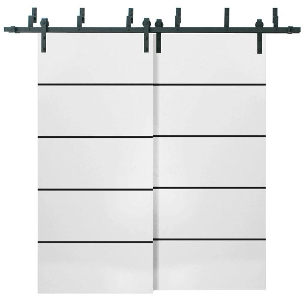 Sliding Closet Barn Bypass Doors | Planum 0015 White Silk and Aluminum Strips | Sturdy Top Mount 6.6ft Rails Hardware Set | Wood Solid Bedroom Wardrobe Doors