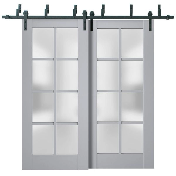 Sliding Closet Barn Bypass Doors | Veregio 7412 Matte Grey with Frosted Glass | Sturdy 6.6ft Rails Hardware Set | Wood Solid Bedroom Wardrobe Doors 