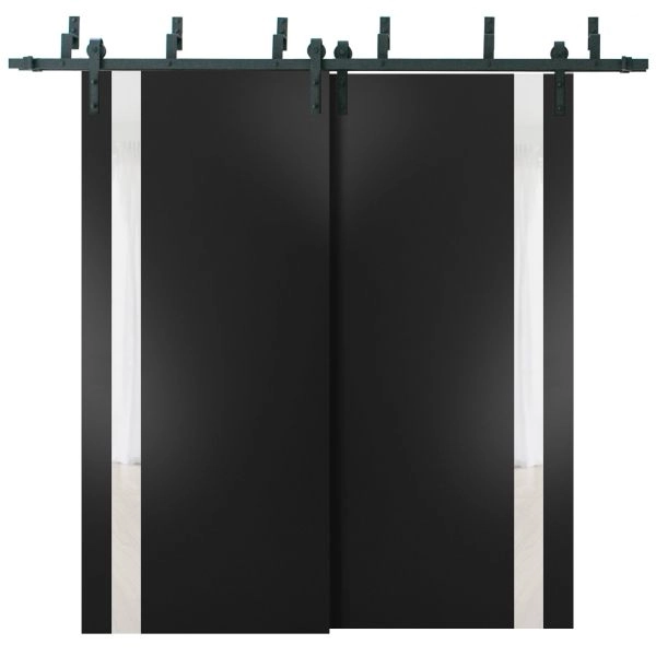 Sliding Closet Barn Bypass Doors | Planum 0040 Matte Black with White Glass | Sturdy 6.6ft Rails Hardware Set | Wood Solid Bedroom Wardrobe Doors 