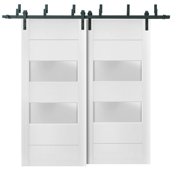 Sliding Closet 2 lites Barn Bypass Doors | Lucia 4010 White Silk with Frosted Glass | Sturdy 6.6ft Rails Hardware Set | Wood Solid Bedroom Wardrobe Doors 