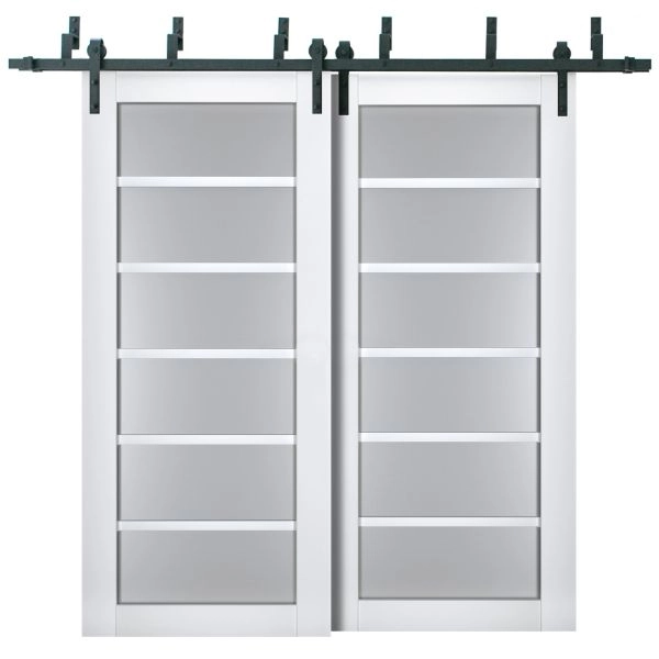 Sliding Closet Barn Bypass Doors | Veregio 7602 White Silk with Frosted Glass | Sturdy 6.6ft Rails Hardware Set | Wood Solid Bedroom Wardrobe Doors 