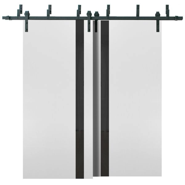 Sliding Closet Barn Bypass Doors | Planum 0040 White Silk with Black Glass | Sturdy 6.6ft Rails Hardware Set | Wood Solid Bedroom Wardrobe Doors 