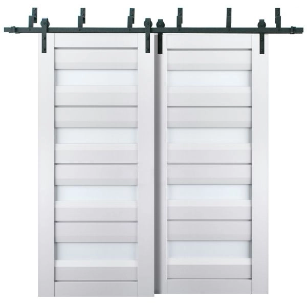 Sliding Closet Barn Bypass Doors | Veregio 7455 White Silk with Frosted Glass | Sturdy 6.6ft Rails Hardware Set | Wood Solid Bedroom Wardrobe Doors 
