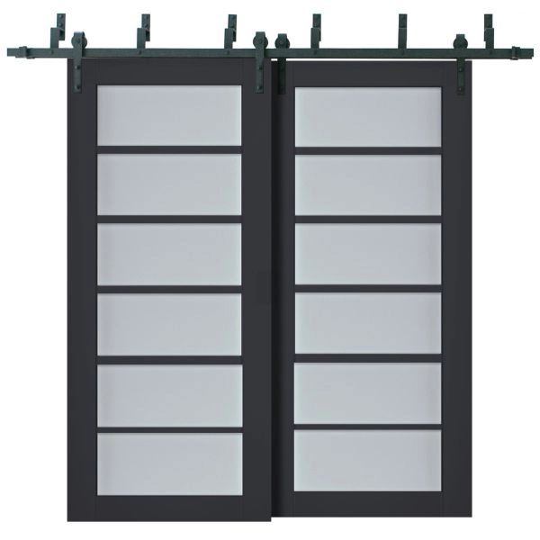 Sliding Closet Barn Bypass Doors | Veregio 7602 Antracite with Frosted Glass | Sturdy 6.6ft Rails Hardware Set | Wood Solid Bedroom Wardrobe Doors 