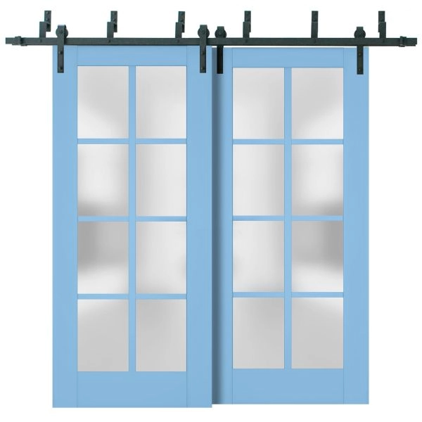 Sliding Closet Barn Bypass Doors | Veregio 7412 Aquamarine with Frosted Glass | Sturdy 6.6ft Rails Hardware Set | Wood Solid Bedroom Wardrobe Doors 