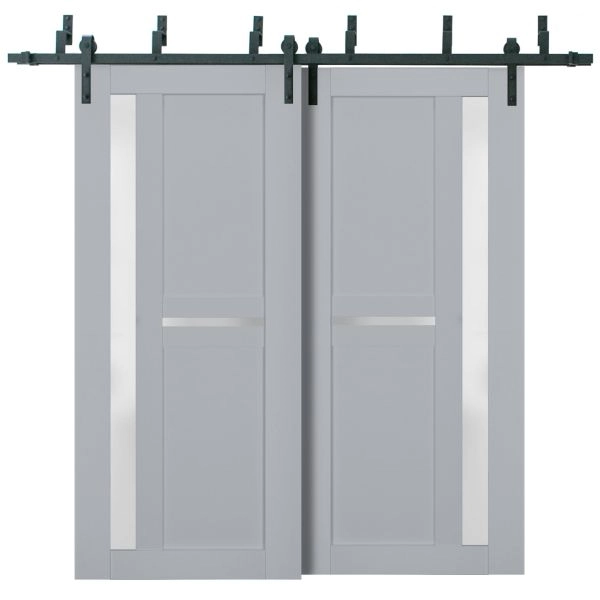 Sliding Closet Barn Bypass Doors | Veregio 7288 Matte Grey with Frosted Glass | Sturdy 6.6ft Rails Hardware Set | Wood Solid Bedroom Wardrobe Doors 