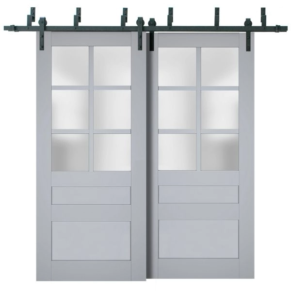 Sliding Closet Barn Bypass Doors | Veregio 7339 Matte Grey with Frosted Glass | Sturdy 6.6ft Rails Hardware Set | Wood Solid Bedroom Wardrobe Doors