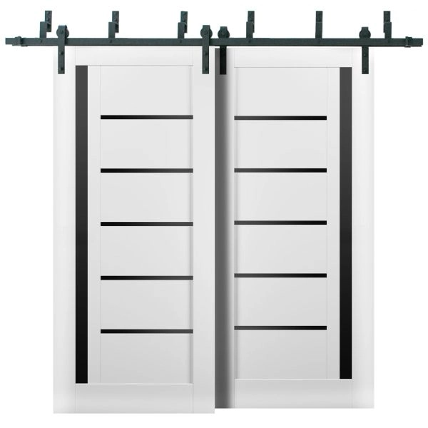Sliding Closet Barn Bypass Doors | Quadro 4588 White Silk with Black Glass | Sturdy 6.6ft Rails Hardware Set | Wood Solid Bedroom Wardrobe Doors