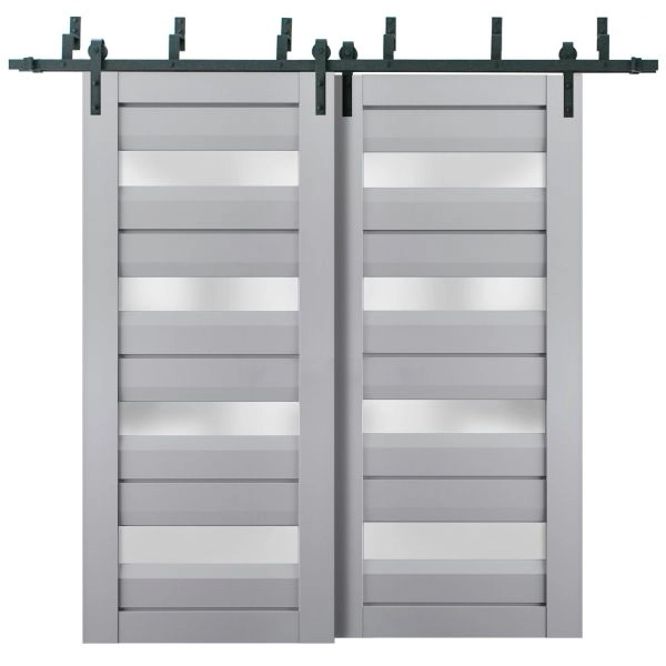 Sliding Closet Barn Bypass Doors | Veregio 7455 Matte Grey with Frosted Glass | Sturdy 6.6ft Rails Hardware Set | Wood Solid Bedroom Wardrobe Doors 