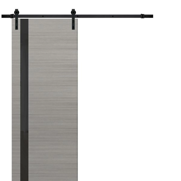 Sturdy Barn Door | Planum 0040 Grey Oak with Black Glass | 6.6FT Rail Hangers Heavy Hardware Set | Solid Panel Interior Doors