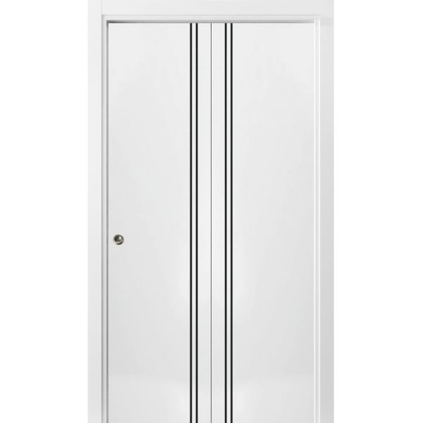 Sliding Closet Bi-fold Doors | Planum 0016 White Silk and Aluminum Strips | Sturdy Tracks Moldings Trims Hardware Set | Wood Solid Bedroom Wardrobe Doors