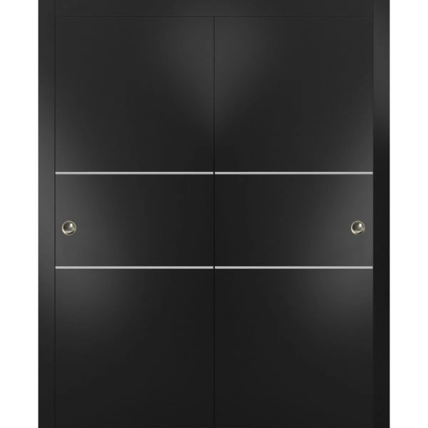 Sliding Closet Bypass Doors with Hardware | Planum 0110 Matte Black and Aluminum Strips | Sturdy Rails Moldings Trims Hardware Set | Modern Wood Solid Bedroom Wardrobe Doors