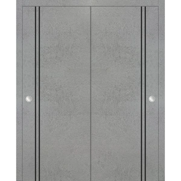 Sliding Closet Bypass Doors | Planum 0016 Concrete and Aluminum Strips | Sturdy Rails Moldings Trims Hardware Set | Wood Solid Bedroom Wardrobe Doors