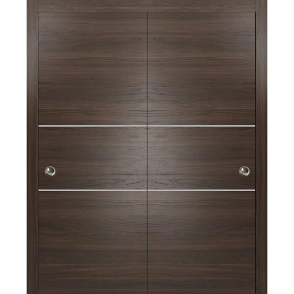 Sliding Closet Bypass Doors | Planum 0110 Chocolate Ash and Aluminum Strips | Sturdy Top Mount Rails Moldings Trims Hardware Set | Wood Solid Bedroom Wardrobe Doors