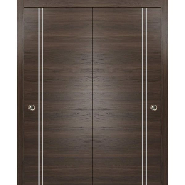 Sliding Closet Bypass Doors | Planum 0310 Chocolate Ash and Aluminum Strips | Sturdy Top Mount Rails Moldings Trims Hardware Set | Wood Solid Bedroom Wardrobe Doors