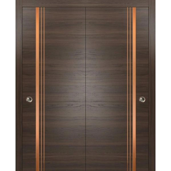 Sliding Closet Bypass Doors | Planum 1010 Chocolate Ash and Aluminum Strips | Sturdy Top Mount Rails Moldings Trims Hardware Set | Wood Solid Bedroom Wardrobe Doors