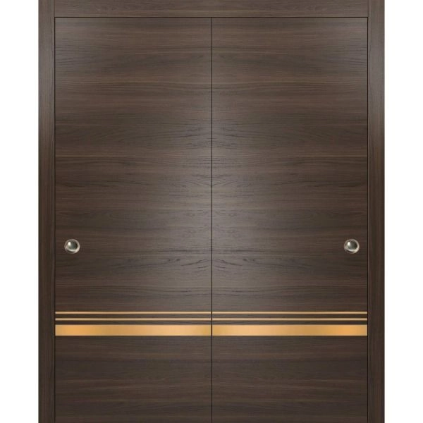 Sliding Closet Bypass Doors | Planum 2010 Chocolate Ash and Aluminum Strips | Sturdy Top Mount Rails Moldings Trims Hardware Set | Wood Solid Bedroom Wardrobe Doors