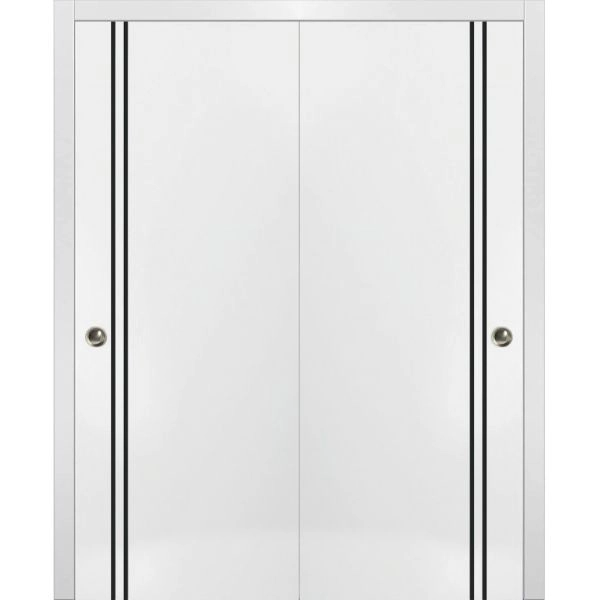 Sliding Closet Bypass Doors | Planum 0016 White Silk and Aluminum Strips | Sturdy Top Mount Rails Moldings Trims Hardware Set | Wood Solid Bedroom Wardrobe Doors