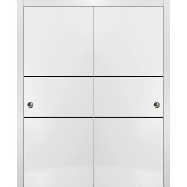 Sliding Closet Bypass Doors | Planum 0014 White Silk and Aluminum Strips | Sturdy Top Mount Rails Moldings Trims Hardware Set | Wood Solid Bedroom Wardrobe Doors