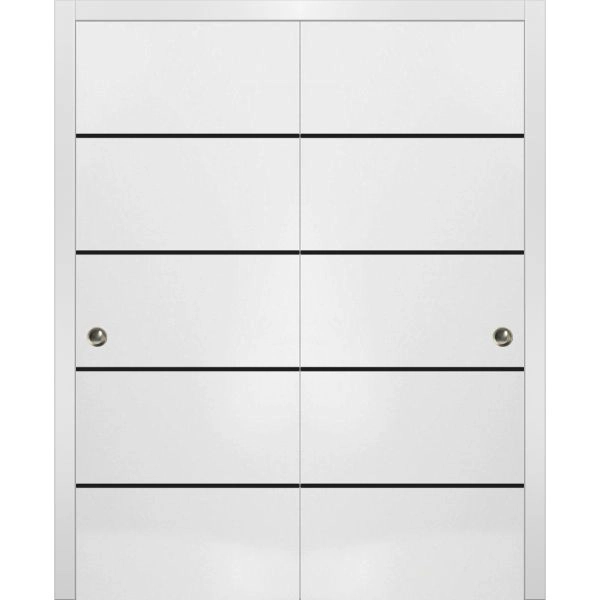Sliding Closet Bypass Doors | Planum 0015 White Silk and Aluminum Strips | Sturdy Top Mount Rails Moldings Trims Hardware Set | Wood Solid Bedroom Wardrobe Doors