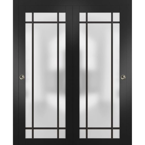 Sliding Closet Bypass Doors with Hardware | Planum 2112 Matte Black with Frosted Glass and Aluminum Strips | Sturdy Rails Moldings Trims Hardware Set | Modern Wood Solid Bedroom Wardrobe Doors