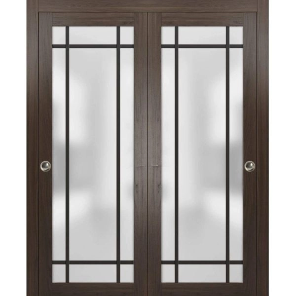 Sliding Closet Bypass Doors with Hardware | Planum 2112 Chocolate Ash with Frosted Glass and Aluminum Strips | Sturdy Rails Moldings Trims Hardware Set | Modern Wood Solid Bedroom Wardrobe Doors
