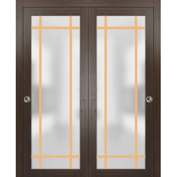 Sliding Closet Bypass Doors with Hardware | Planum 2113 Chocolate Ash with Frosted Glass and Aluminum Strips | Sturdy Rails Moldings Trims Hardware Set | Modern Wood Solid Bedroom Wardrobe Doors