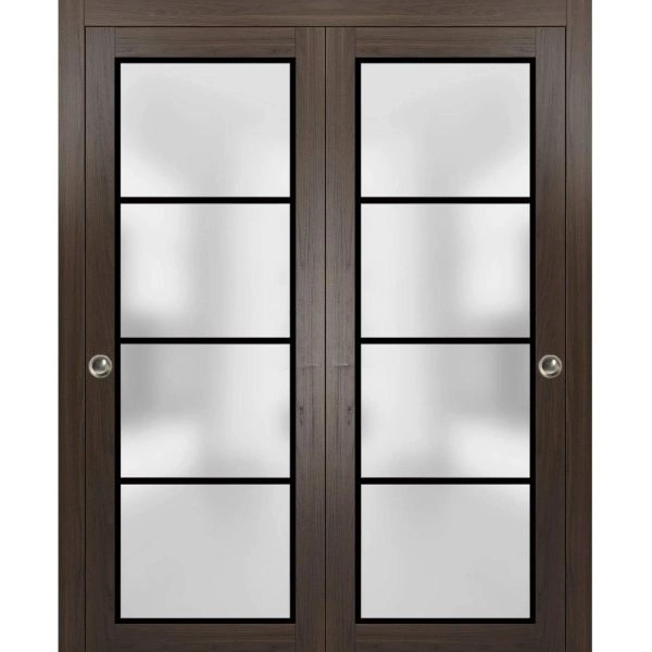 Sliding Closet Bypass Doors with Hardware | Planum 2132 Chocolate Ash with Frosted Glass and Aluminum Strips | Sturdy Rails Moldings Trims Hardware Set | Modern Wood Solid Bedroom Wardrobe Doors