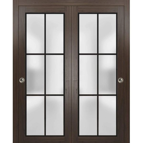 Sliding Closet Bypass Doors with Hardware | Planum 2122 Chocolate Ash with Frosted Glass and Aluminum Strips | Sturdy Rails Moldings Trims Hardware Set | Modern Wood Solid Bedroom Wardrobe Doors