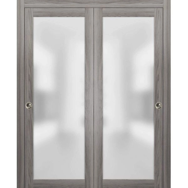 Sliding Closet Bypass Doors with Hardware | Planum 2102 Ginger Ash with Frosted Glass | Sturdy Rails Moldings Trims Hardware Set | Modern Wood Solid Bedroom Wardrobe Doors