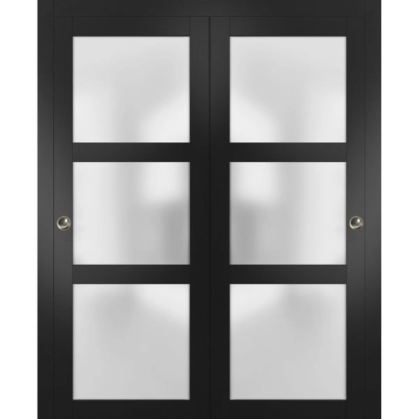 Sliding Closet Bypass Doors | Lucia 2552 Black Matte with Frosted Glass | Sturdy Rails Moldings Trims Hardware Set | Wood Solid Bedroom Wardrobe Doors
