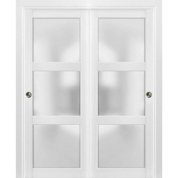 Sliding Closet Bypass Doors with hardware | Lucia 2552 with Frosted Glass | Sturdy Rails Moldings Trims Set | Kitchen Lite Wooden Solid Bedroom Wardrobe Doors
