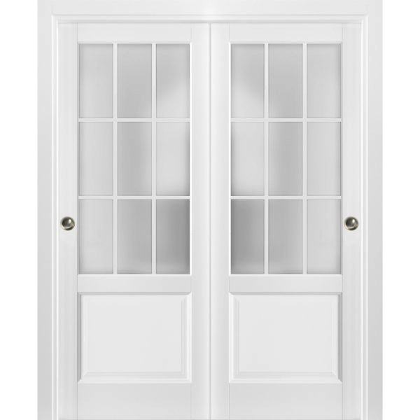 Sliding Closet Bypass Doors | Felicia 3309 White Silk with Frosted Glass | Sturdy Rails Moldings Trims Hardware Set | Wood Solid Bedroom Wardrobe Doors 