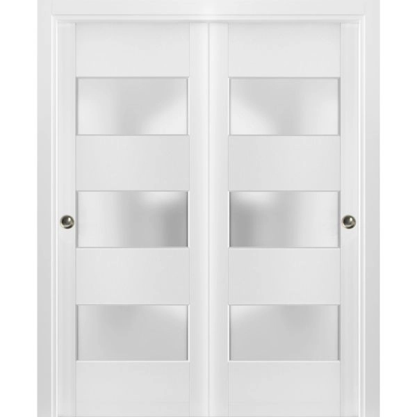 Sliding Closet 3 Lites Bypass Doors | Lucia 4070 White Silk with Frosted Glass | Sturdy Rails Moldings Trims Hardware Set | Wood Solid Bedroom Wardrobe Doors 