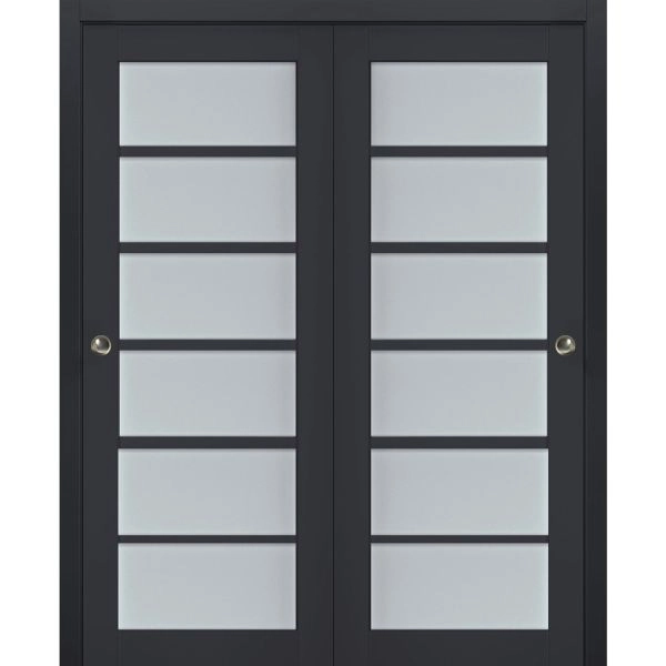 Sliding Closet Bypass Doors | Veregio 7602 Antracite with Frosted Glass | Sturdy Rails Moldings Trims Hardware Set | Wood Solid Bedroom Wardrobe Doors 