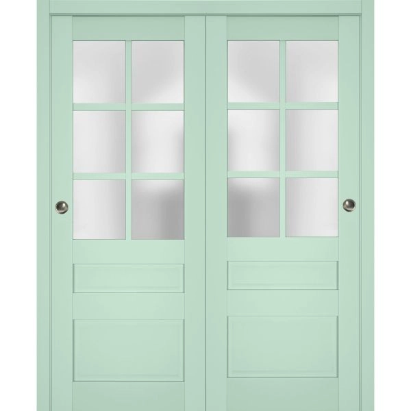 Sliding Closet Bypass Doors | Veregio 7339 Oliva with Frosted Glass | Sturdy Rails Moldings Trims Hardware Set | Wood Solid Bedroom Wardrobe Doors