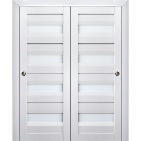 Sliding Closet Bypass Doors | Veregio 7455 White Silk with Frosted Glass | Sturdy Rails Moldings Trims Hardware Set | Wood Solid Bedroom Wardrobe Doors
