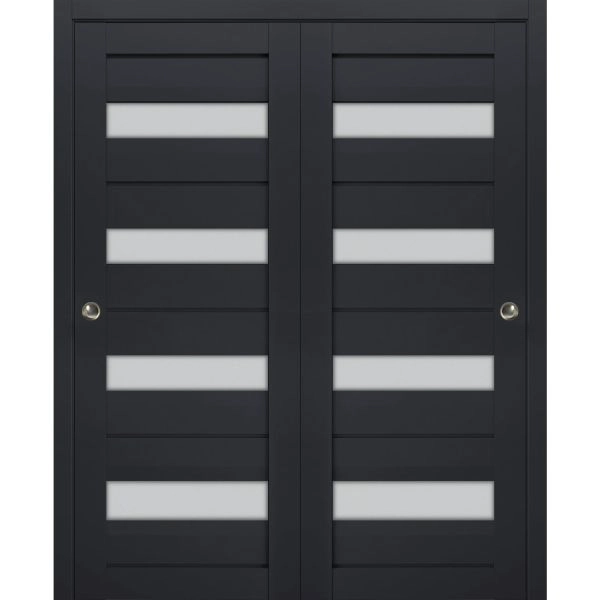 Sliding Closet Bypass Doors | Veregio 7455 Antracite with Frosted Glass | Sturdy Rails Moldings Trims Hardware Set | Wood Solid Bedroom Wardrobe Doors