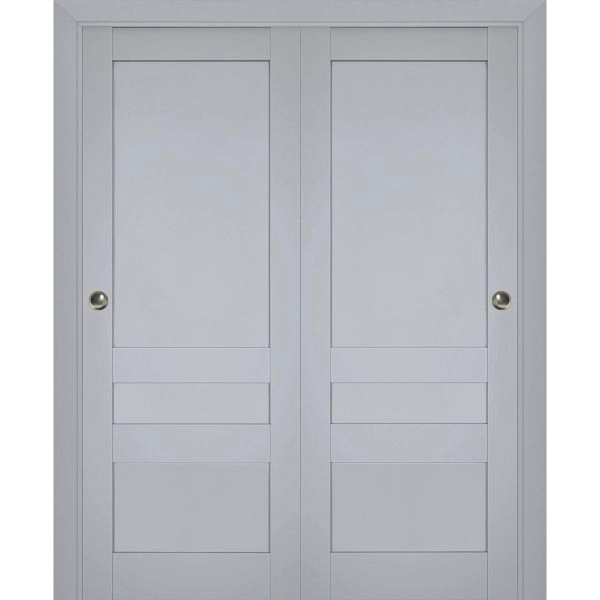 Sliding Closet Bypass Doors | Veregio 7411 Matte Grey | Sturdy Rails Moldings Trims Hardware Set | Wood Solid Bedroom Wardrobe Doors