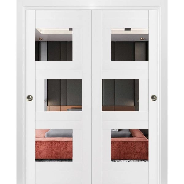 Sliding Closet Opaque Glass Bypass Doors 60 x 96 inches / Sete 6999 White Silk with Mirror / Rails Hardware Set / Wood Solid Bedroom Wardrobe Doors 