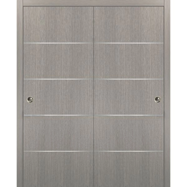 Sliding Closet Bypass Doors with hardware | Planum 0020 Grey Oak | Sturdy Rails Moldings Trims Hardware Set | Modern Wood Solid Bedroom Wardrobe Doors