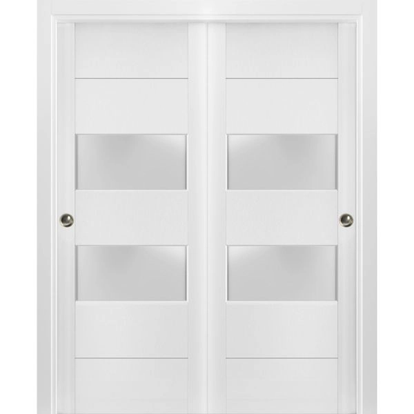 Sliding Closet 2 lites Bypass Doors | Lucia 4010 White Silk with Frosted Glass | Sturdy Rails Moldings Trims Hardware Set | Wood Solid Bedroom Wardrobe Doors