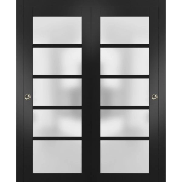 Sliding Closet Bypass Doors | Quadro 4002 Black Matte with Frosted Glass | Sturdy Rails Moldings Trims Hardware Set | Wood Solid Bedroom Wardrobe Doors 