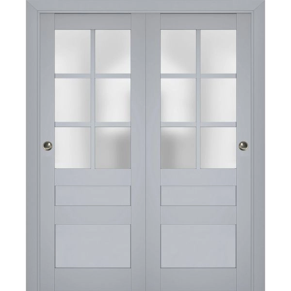Sliding Closet Bypass Doors | Veregio 7339 Matte Grey with Frosted Glass | Sturdy Rails Moldings Trims Hardware Set | Wood Solid Bedroom Wardrobe Doors