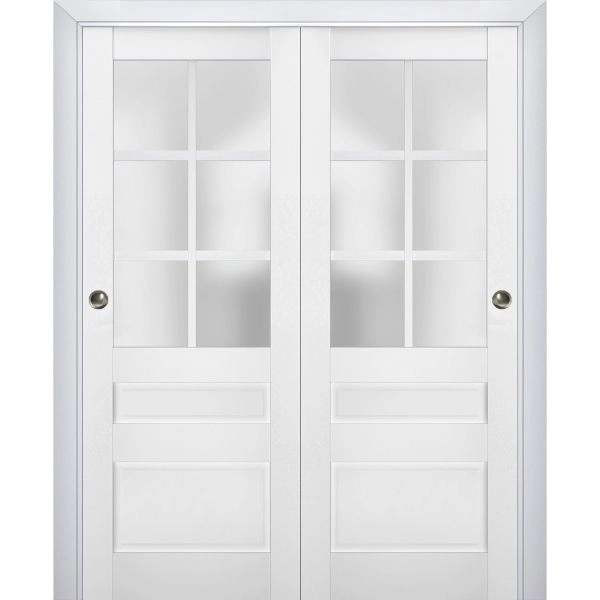 Sliding Closet Bypass Doors | Veregio 7339 White Silk with Frosted Glass | Sturdy Rails Moldings Trims Hardware Set | Wood Solid Bedroom Wardrobe Doors