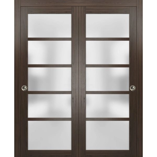 Sliding Closet Bypass Doors | Quadro 4002 Chocolate Ash with Frosted Glass | Sturdy Rails Moldings Trims Hardware Set | Wood Solid Bedroom Wardrobe Doors 