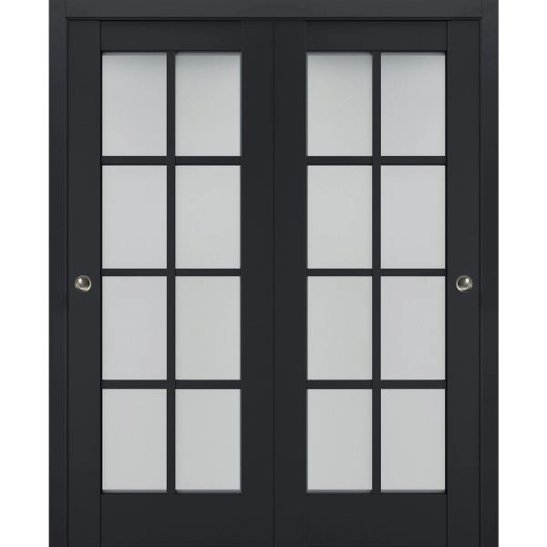 Sliding Closet Bypass Doors | Veregio 7412 Antracite with Frosted Glass | Sturdy Rails Moldings Trims Hardware Set | Wood Solid Bedroom Wardrobe Doors