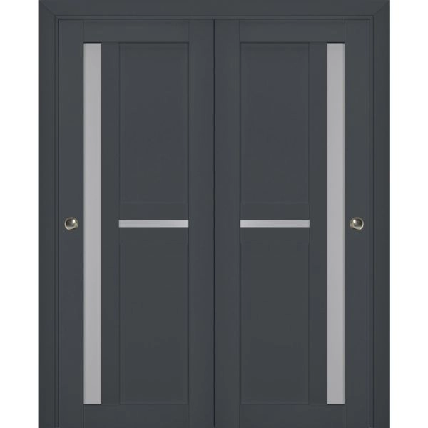 Sliding Closet Bypass Doors | Veregio 7288 Antracite with Frosted Glass | Sturdy Rails Moldings Trims Hardware Set | Wood Solid Bedroom Wardrobe Doors 