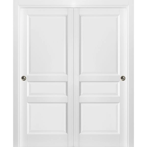 Sliding Closet Bypass Doors with hardware | Lucia 31 White Silk | Sturdy Rails Moldings Trims Hardware Set | Pantry Kitchen 3-Panels Wooden Solid Bedroom Wardrobe Doors